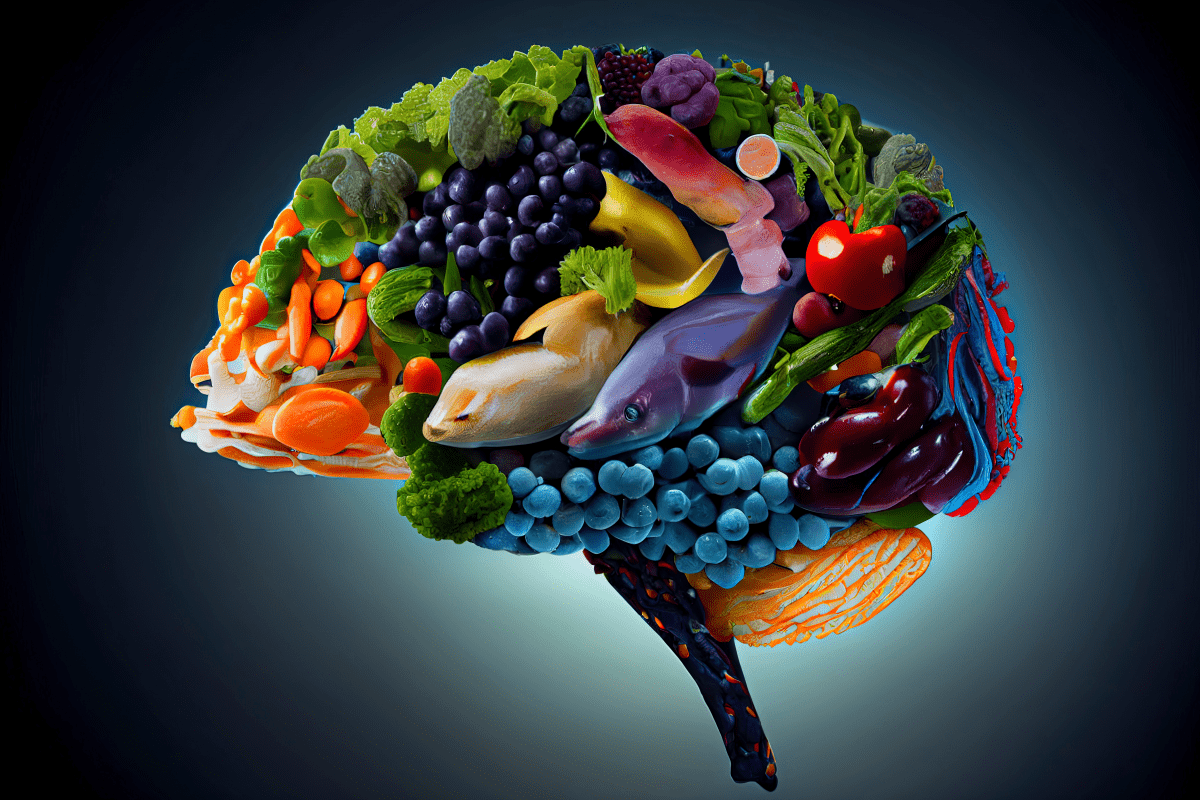 image of brain expressed as collage of mediterranean foods